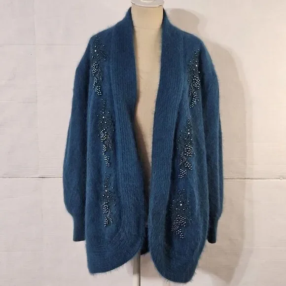 Jamie Teal Blue Angora Open-Front Long-sleeve Cardigan/Sweater Medium - Picture 12 of 16